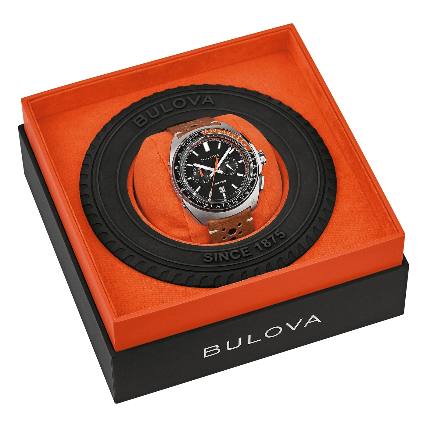 Bulova Uhr in einer Box mit Reifen-Design, orange und schwarz.