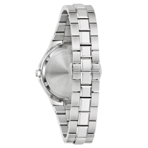 Silberne Uhr mit Metallarmband, Nahaufnahme, Detail, Rückseite, wasserdicht, 100 m