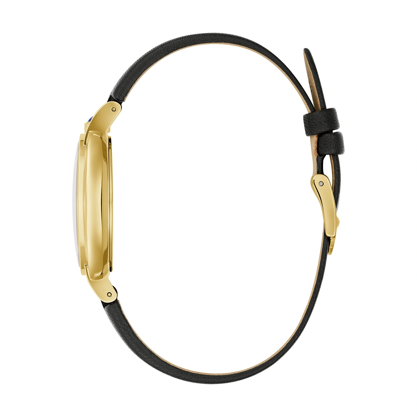 Goldene Uhr mit schwarzem Lederarmband, Seitenansicht, elegant