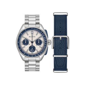Bulova-Uhr mit blauem Zifferblatt und Armband, Tachymeter-Funktion.