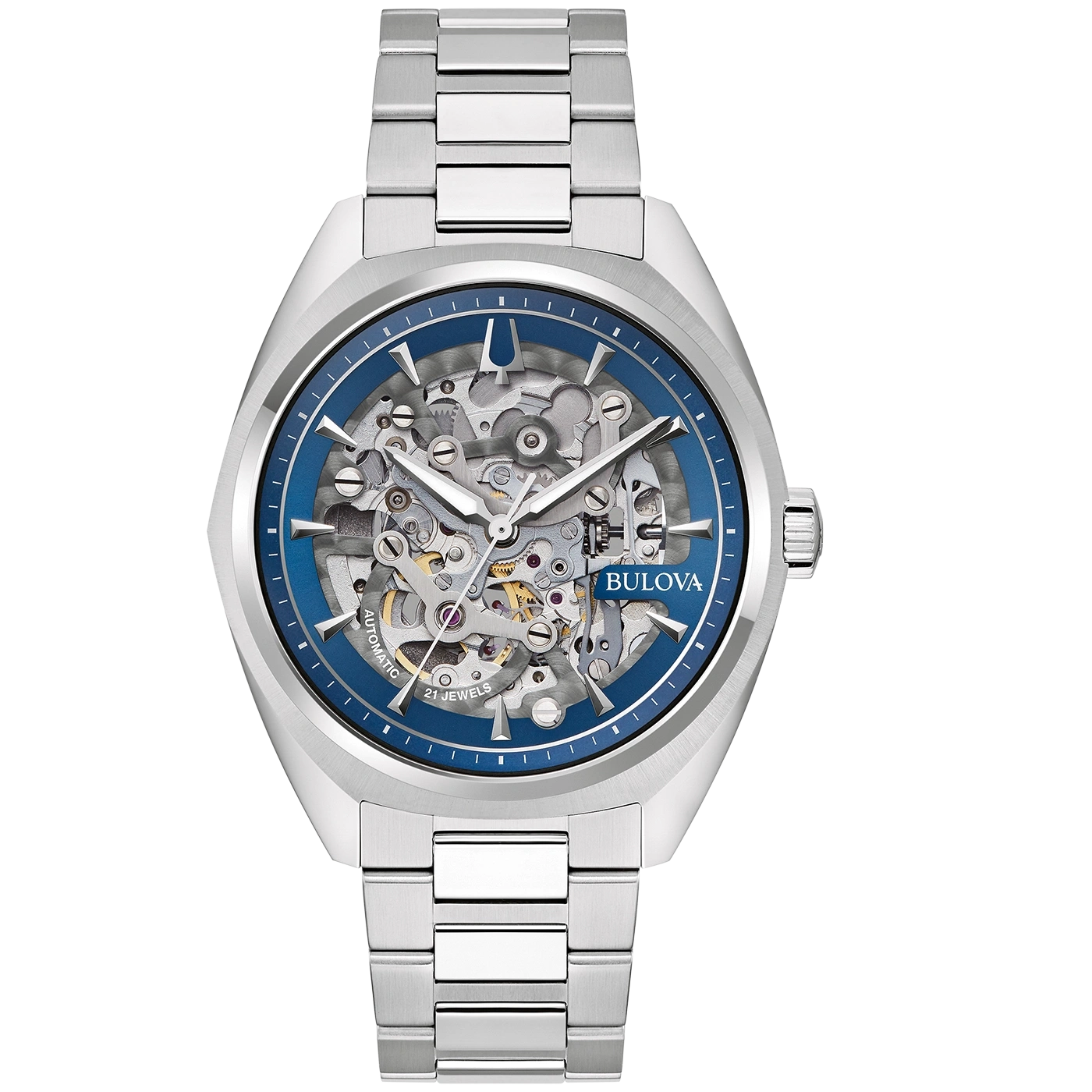 Bulova Herrenuhr, blaues Zifferblatt, Skelett, Automatik, Edelstahlarmband