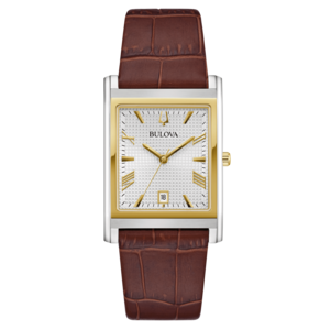 Bulova-Uhr mit braunem Lederarmband und goldenem Zifferblatt, rechteckig