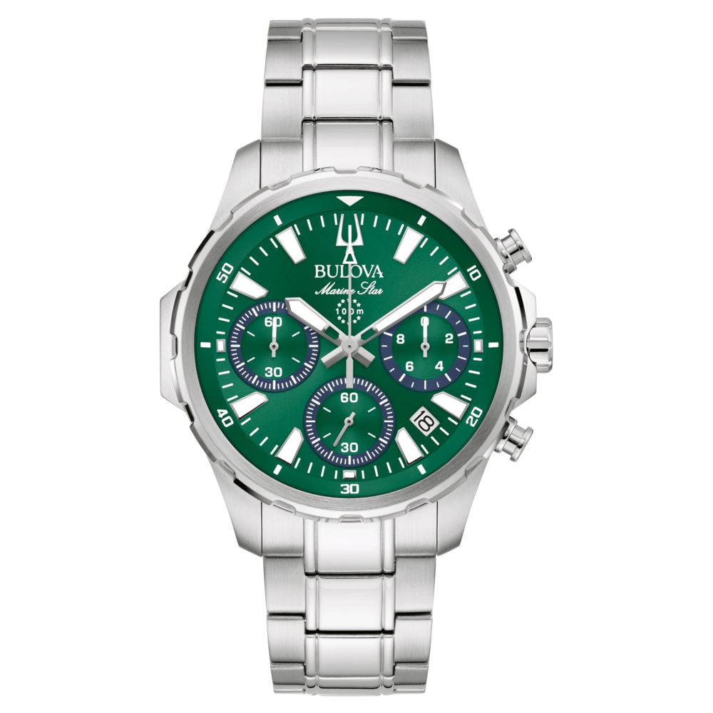 Bulova Marine Star Uhr, grün, silbernes Armband, Chronograph, 100m wasserdicht, Datumsanzeige.