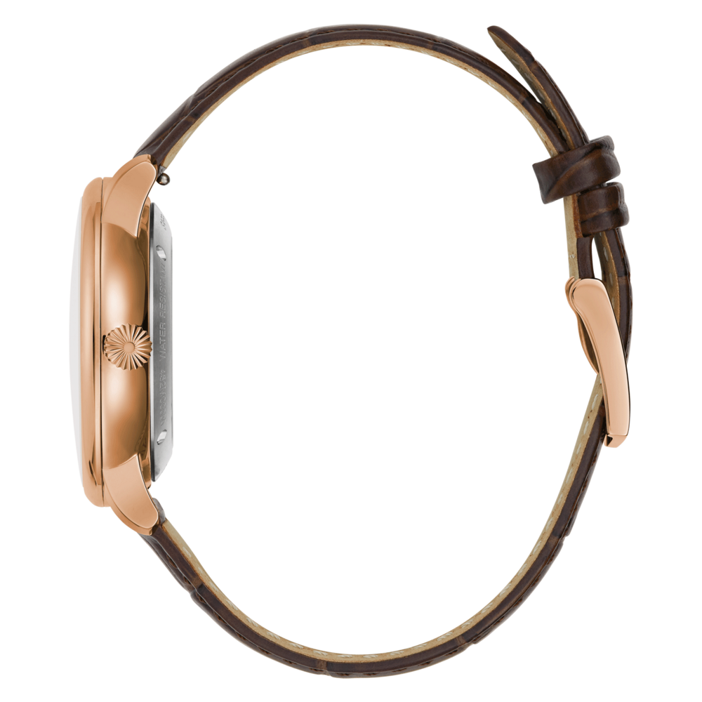 Uhr mit braunem Lederarmband und roségoldfarbenem Gehäuse, Detailaufnahme