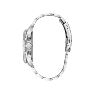 Silberne Uhr mit Metallarmband, Seitenansicht, Detailaufnahme, elegant