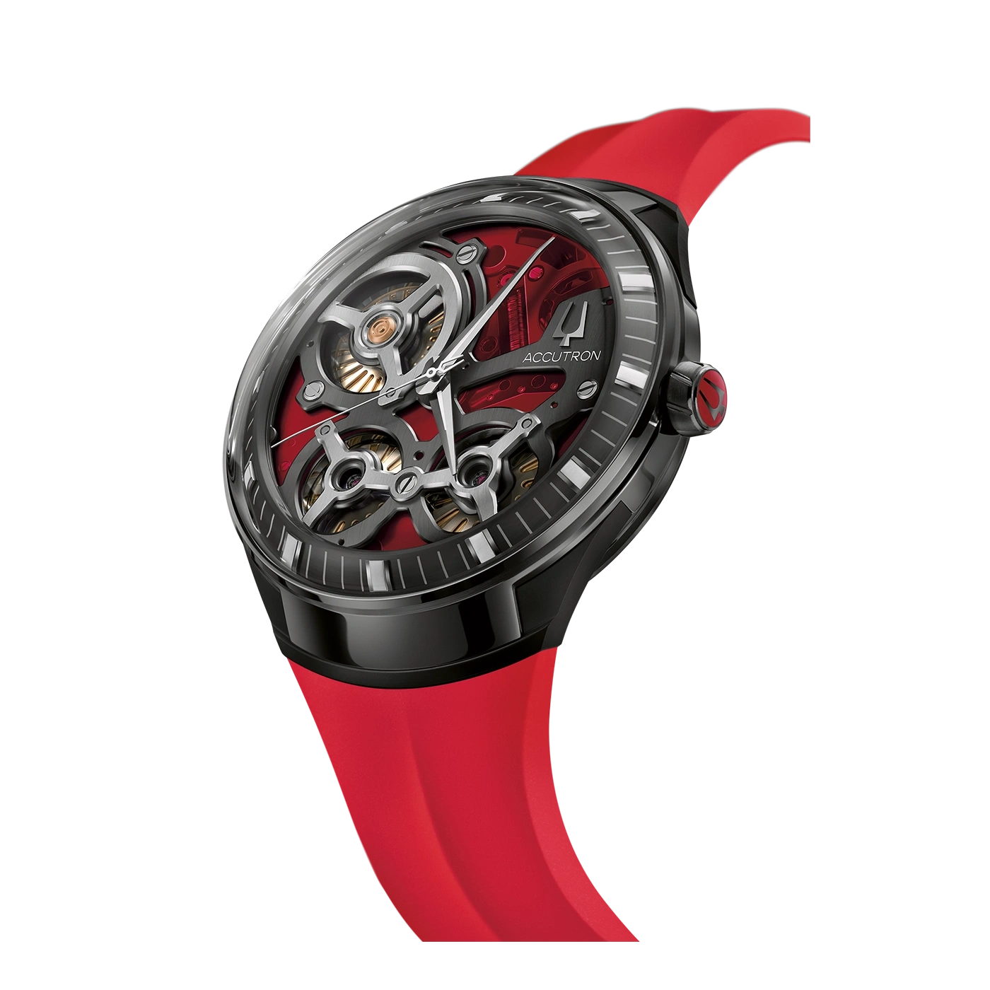 Schwarze Uhr mit rotem Armband und komplexem Zifferblatt, Accutron.