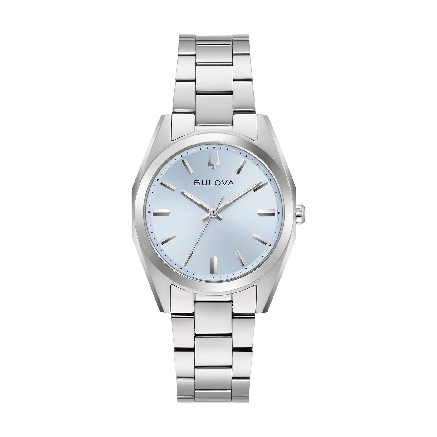 Eine silberne Bulova-Uhr mit blauem Zifferblatt und Metallarmband.