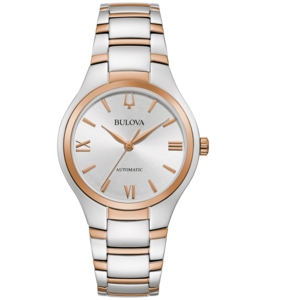 Bulova-Uhr, silbernes Zifferblatt, roségoldfarbene Akzente, Automatik, Armband