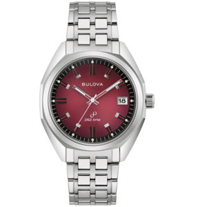 Bulova-Uhr mit rotem Zifferblatt und silbernem Armband, Datum 18