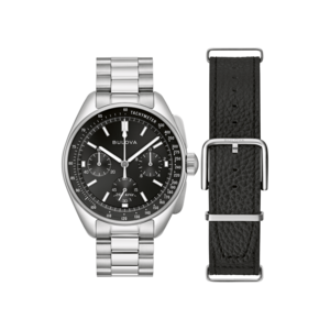 Bulova-Uhr mit schwarzem Zifferblatt und silbernem Armband, Lederarmband daneben.