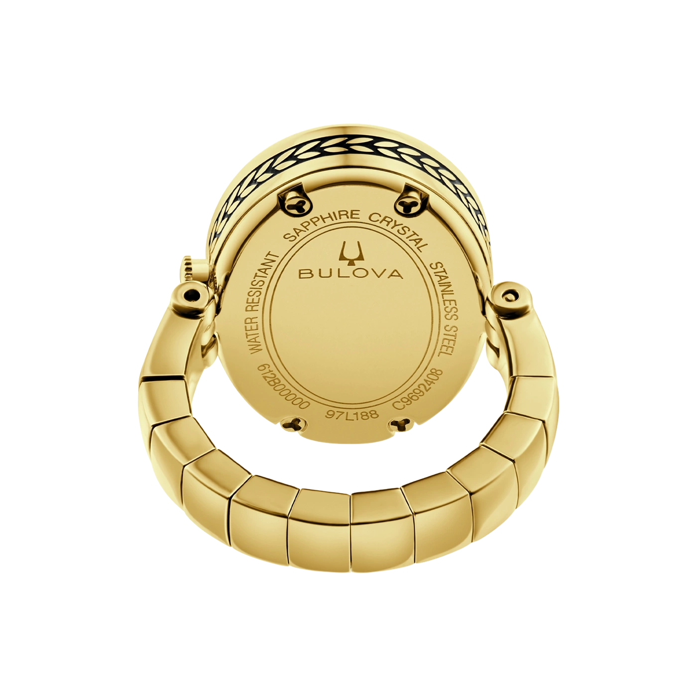 Goldene Bulova Uhr mit Gravuren auf der Rückseite und einem Armband.