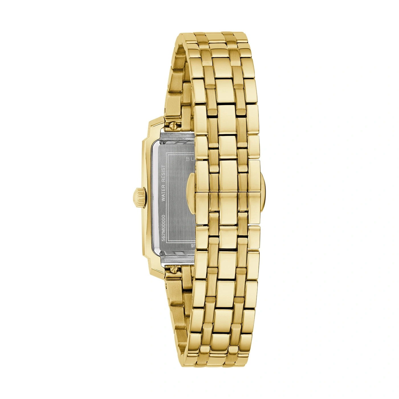 Goldene Uhr mit rechteckigem Zifferblatt und goldenem Armband, Nahaufnahme