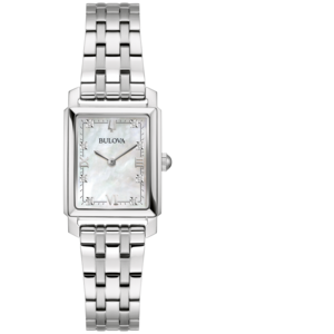 Silberne Damenuhr mit rechteckigem Zifferblatt und Diamanten, Bulova