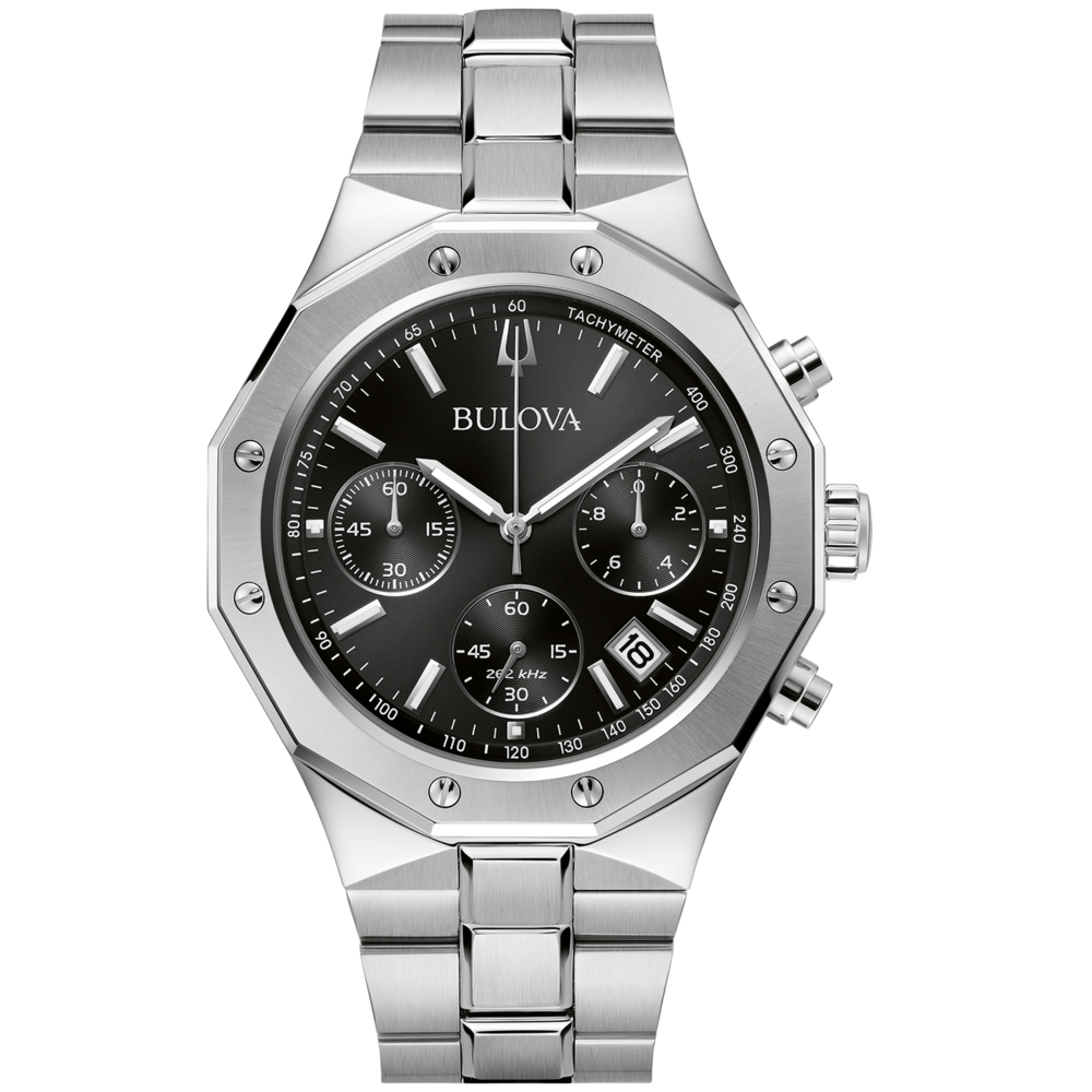 Bulova-Uhr mit schwarzem Zifferblatt und silbernem Armband, Tachymeter-Funktion.