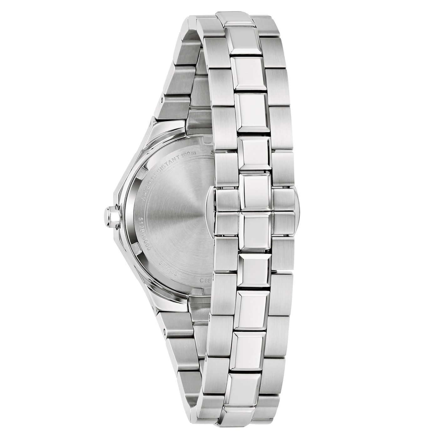 Silberne Uhr mit Metallarmband, Nahaufnahme, Detail, Rückseite, wasserdicht, 100 m