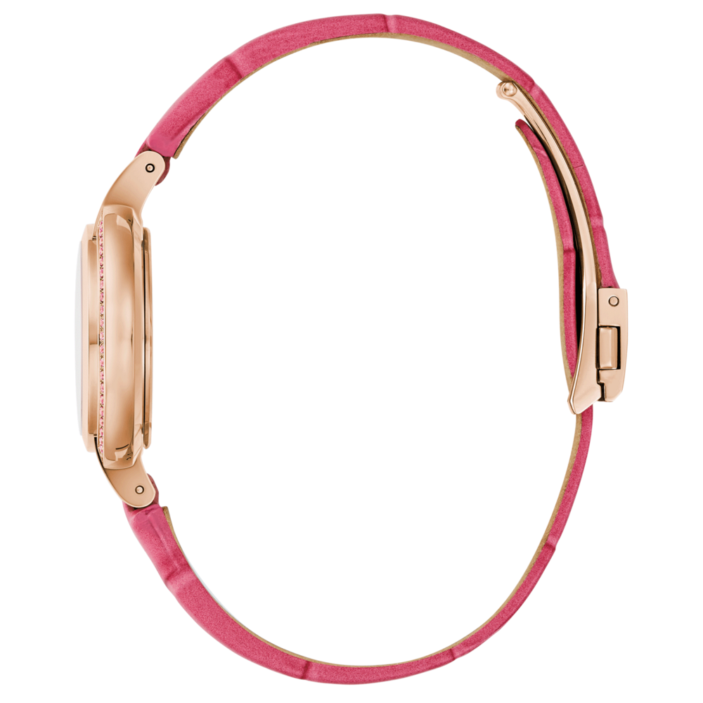 Rosa Damenuhr mit roségoldfarbenem Gehäuse und Armband, Nahaufnahme