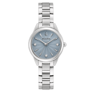 Bulova Damenuhr, silbernes Armband, blaues Zifferblatt, Diamanten, elegantes Design, Accessoire