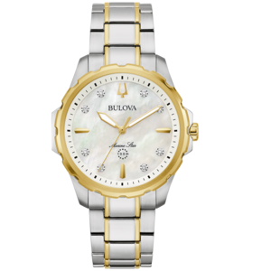 Bulova Marine Star Uhr, goldfarben, silberfarbenes Armband, Diamanten, Perlmuttzifferblatt