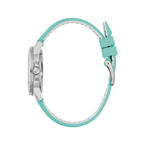 Uhr mit türkisfarbenem Armband und silbernem Gehäuse, Seitenansicht