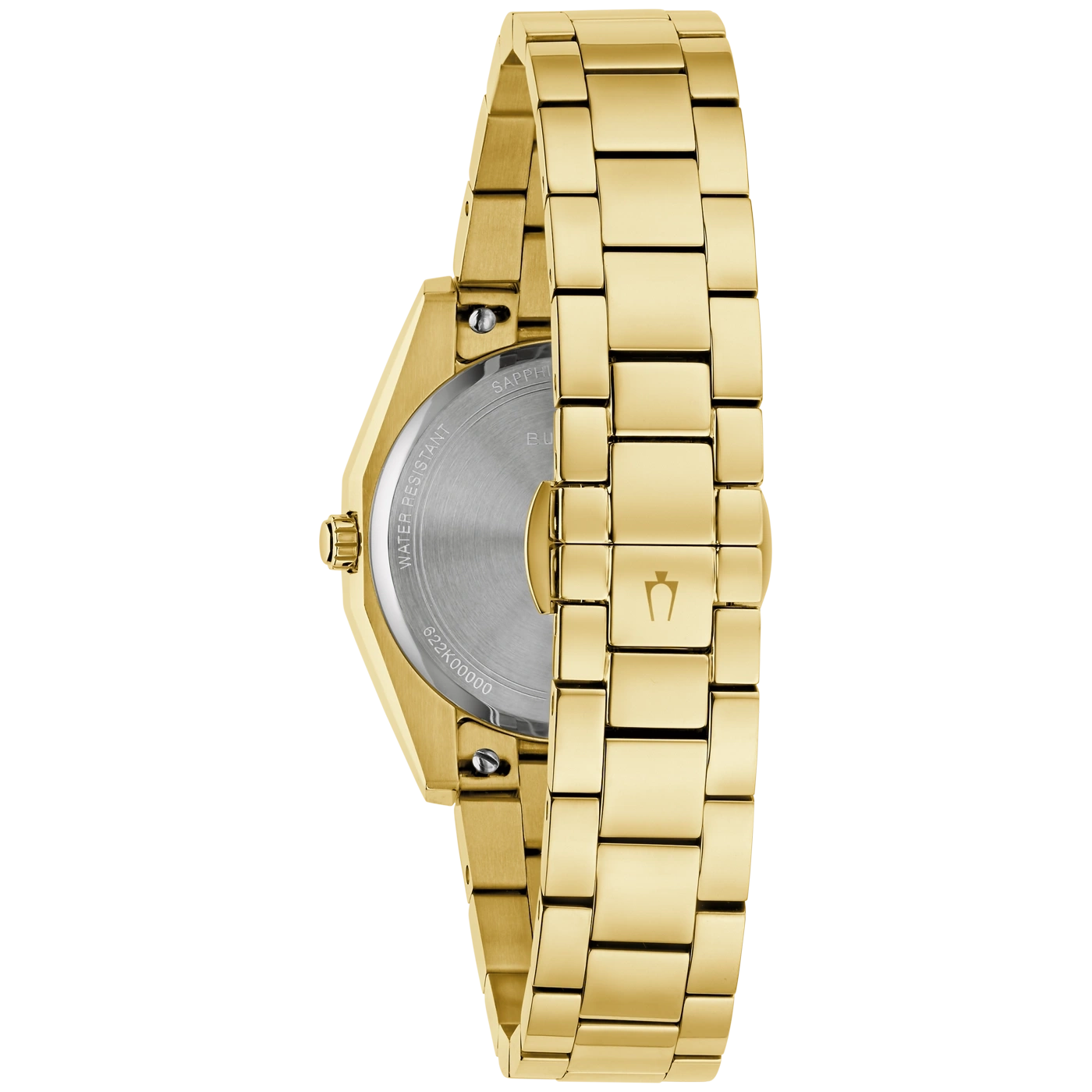 Eine Goldfarbene Uhr mit Datumsanzeige und Wasserdichtigkeit.