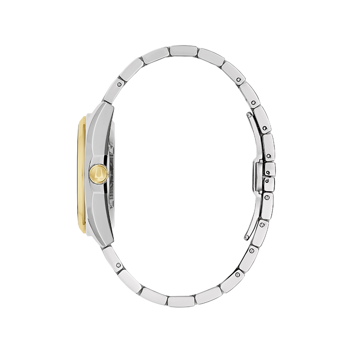 Ein silbernes und goldenes Armband mit einem stilisierten Zifferblatt und einer Schnalle.