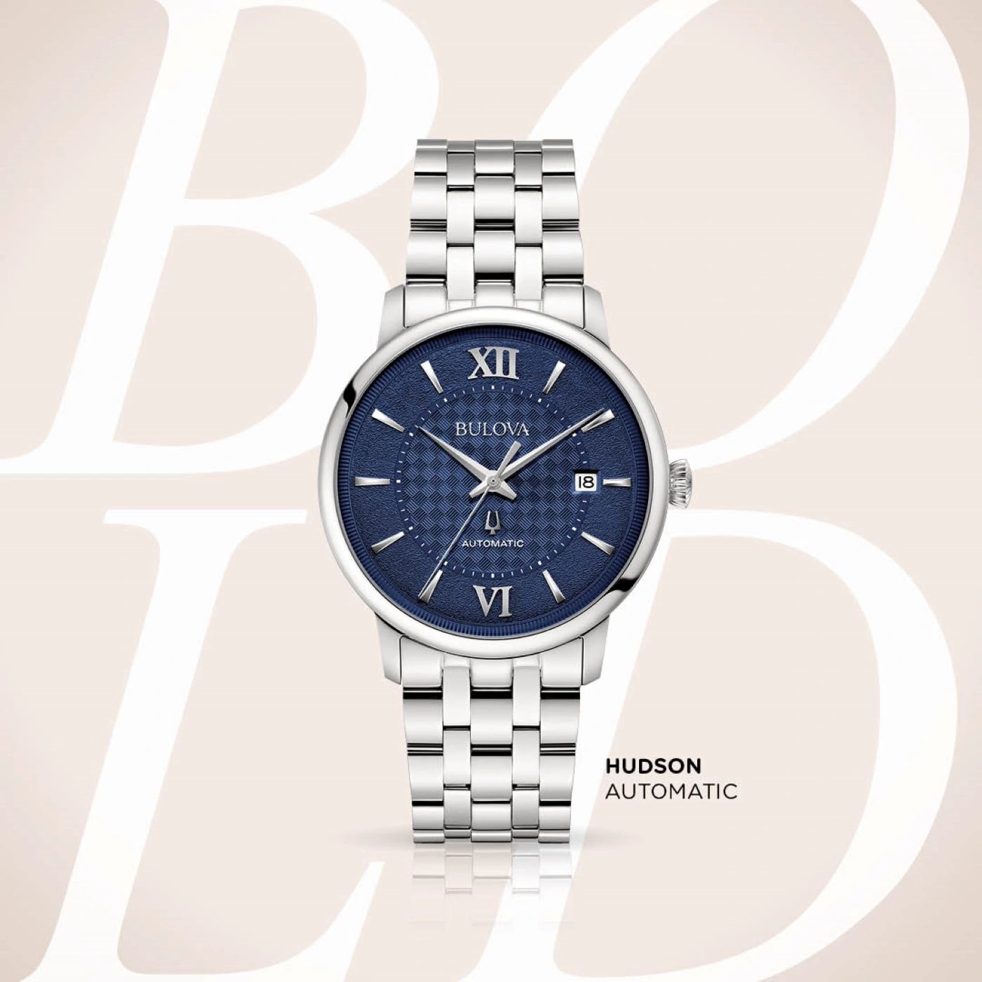 Bulova Hudson Automatic Uhr, blaues Zifferblatt, silbernes Armband, elegantes Design