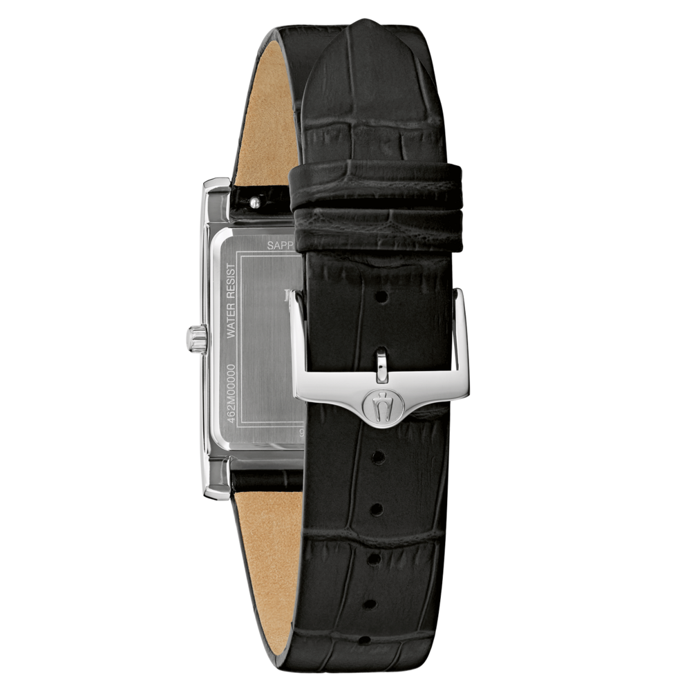 Schwarze Uhr mit Lederarmband und silberner Schnalle, Nahaufnahme.