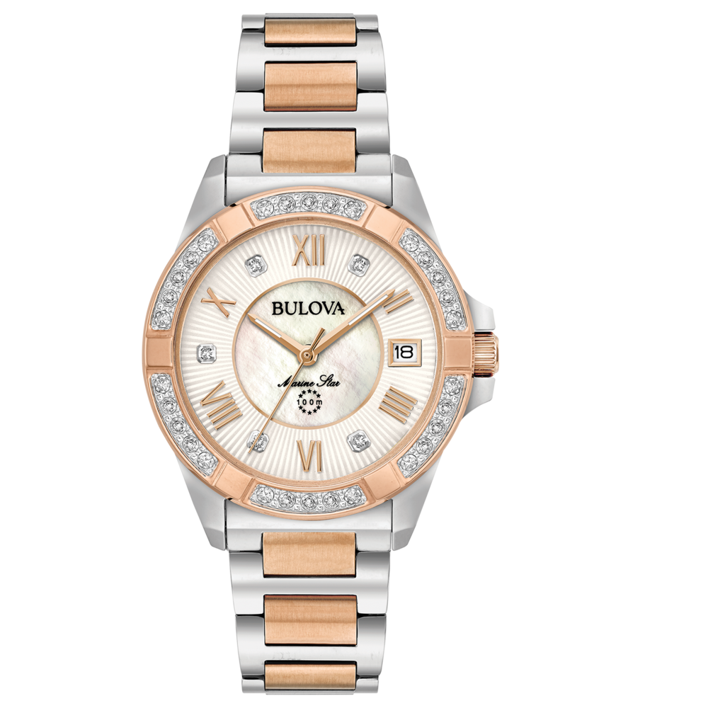 Bulova Damenuhr, roségoldfarben, Diamanten, Perlmutt-Zifferblatt, Datumsanzeige, Marine Star