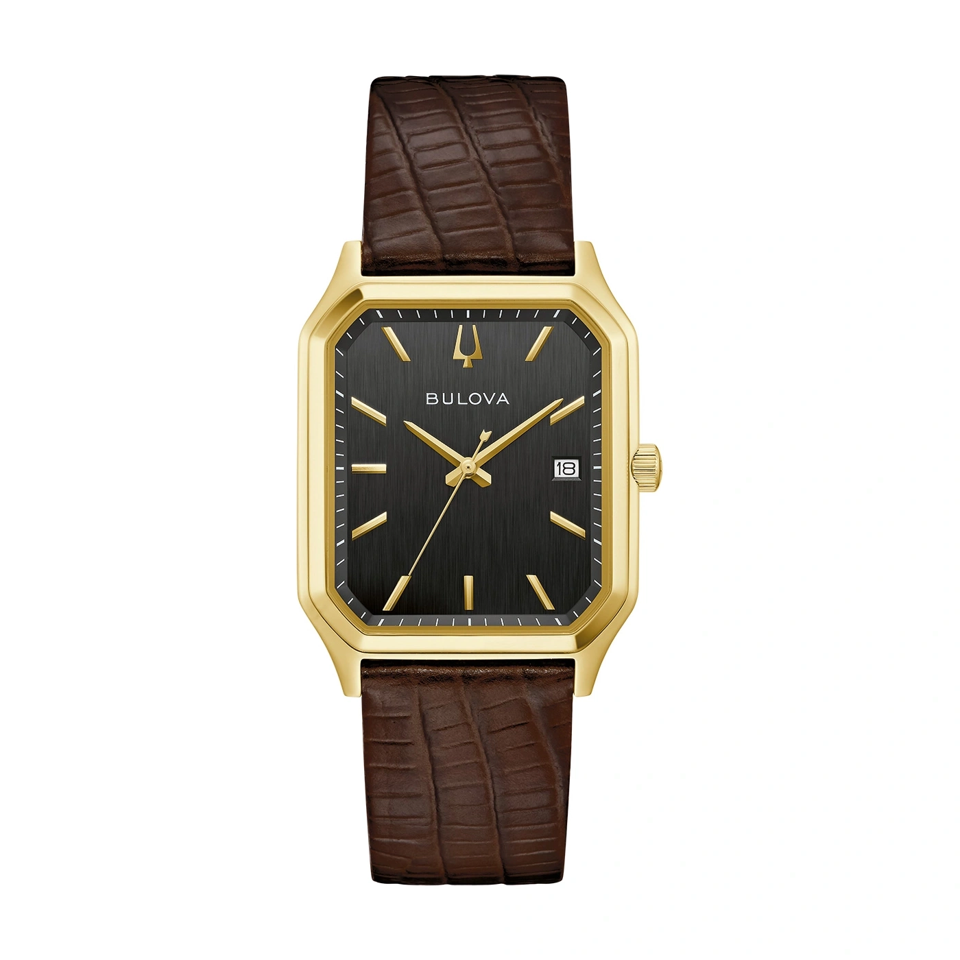 Goldene Bulova-Uhr mit schwarzem Zifferblatt und braunem Lederarmband