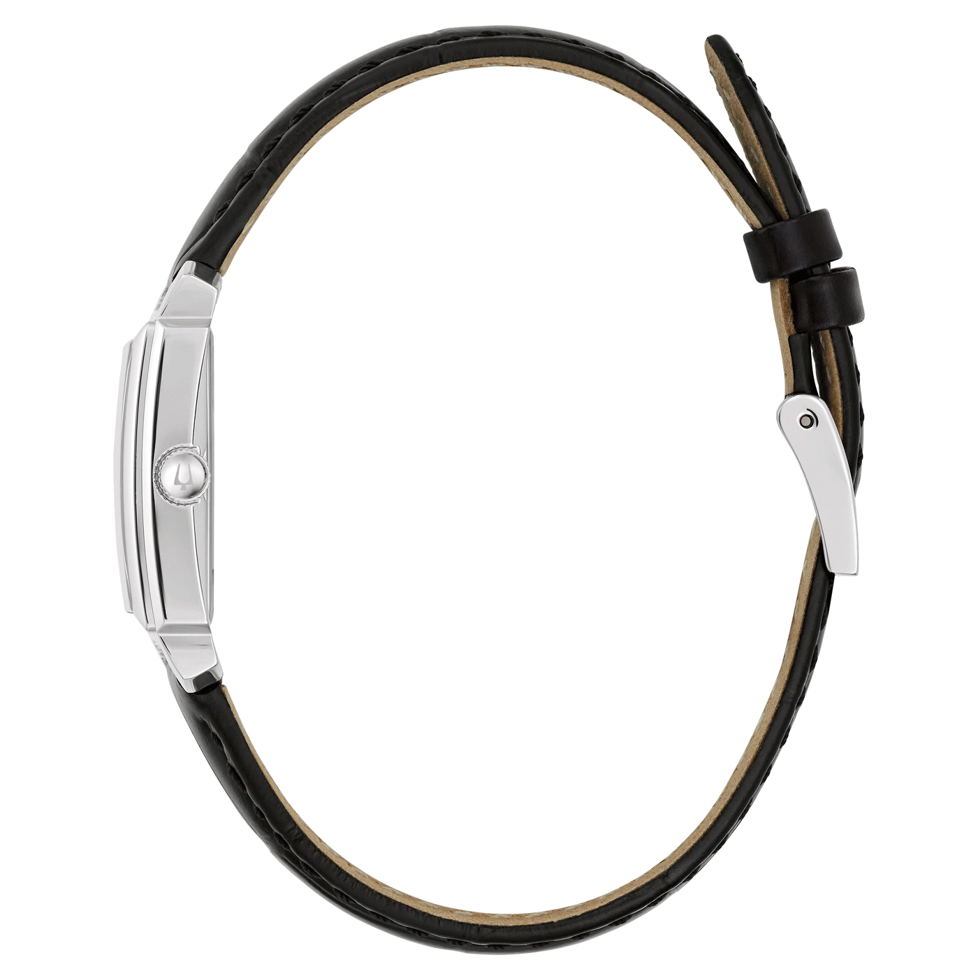 Uhr mit schwarzem Lederarmband, silbernem Gehäuse, Seitenansicht, elegant, stilvoll, Accessoire