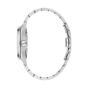 Silberne Uhr mit Armband, Seitenansicht, Detailaufnahme, elegant, modern, Accessoire
