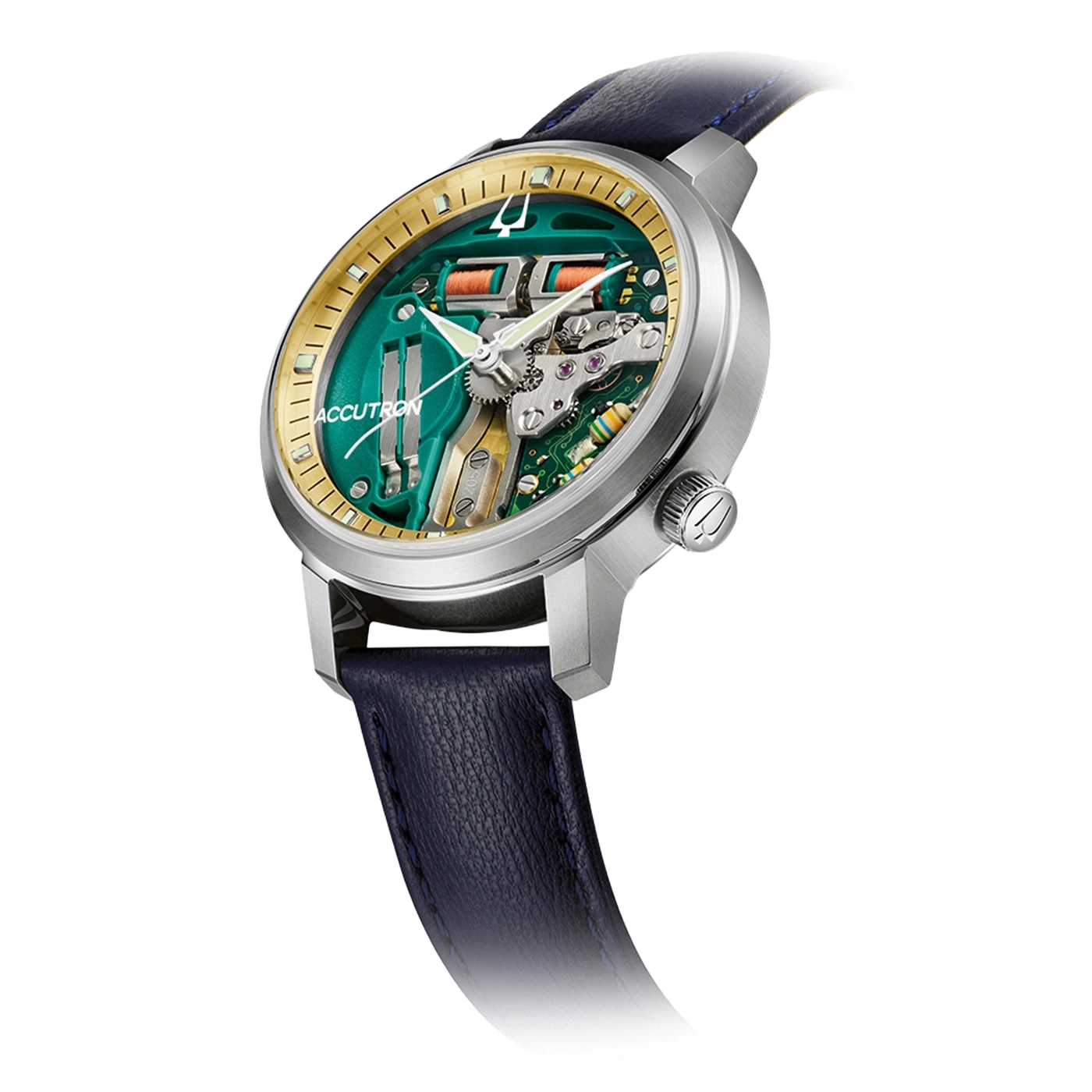 Eine nahaufnahme einer Accutron-Uhr mit grünem Zifferblatt und blauem Lederarmband.