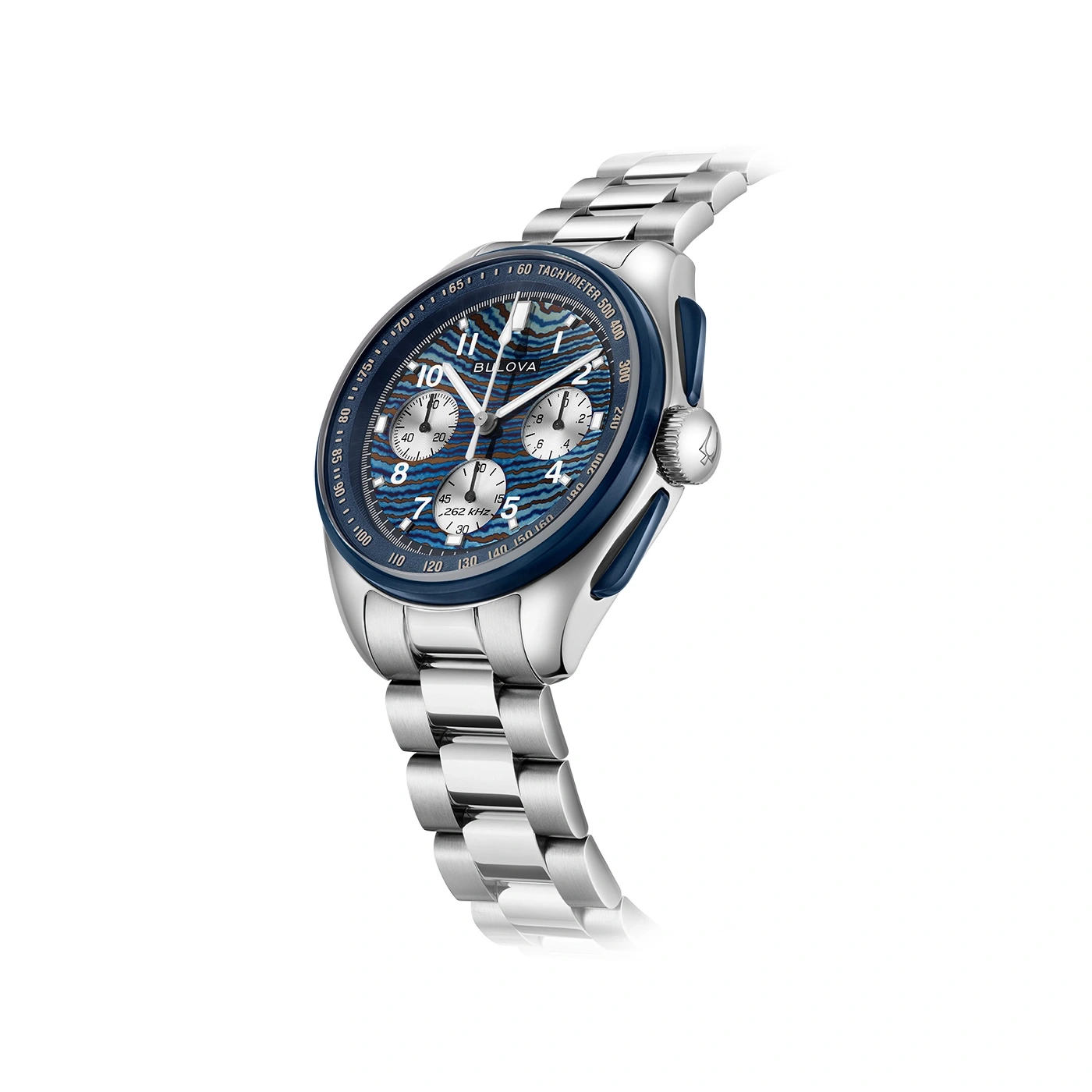 Bulova-Uhr mit blauem Zifferblatt und silbernem Armband, Tachymeter-Funktion.