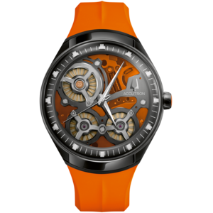 Orange Uhr mit skelettiertem Zifferblatt und schwarzem Gehäuse