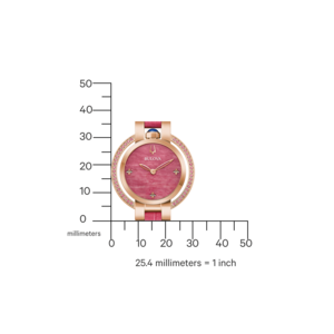 Uhr mit rosa Zifferblatt, rosa Armband und roségoldfarbenem Gehäuse, mit Messskala.
