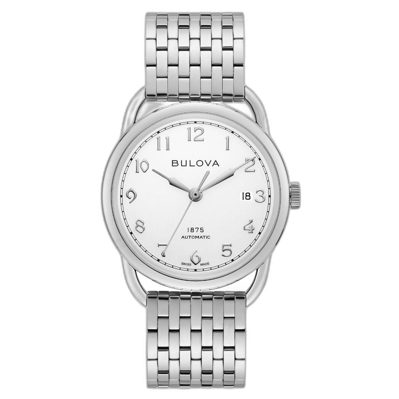 Silberne Bulova-Uhr mit weißem Zifferblatt und Armband, Automatik, 1875, Swiss Made