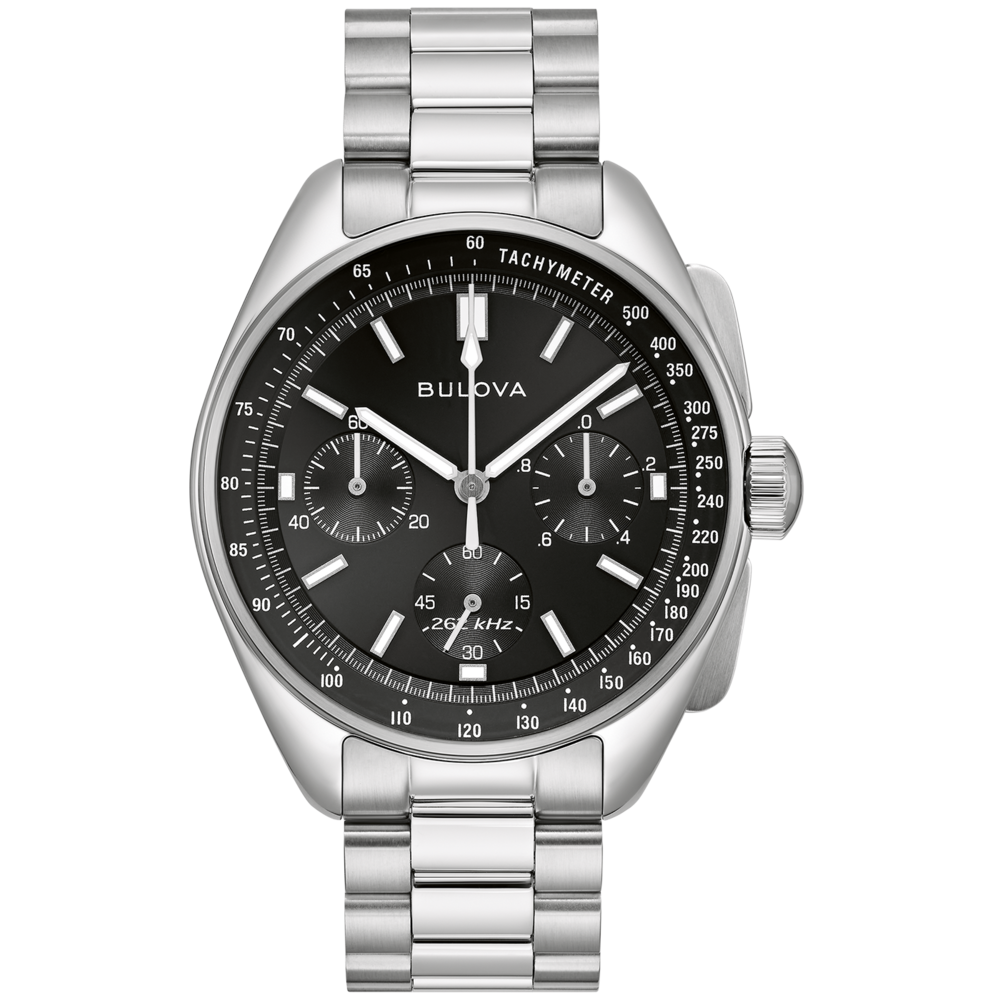 Bulova-Uhr mit schwarzem Zifferblatt und Tachymeter-Funktion, Edelstahlarmband.