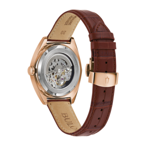 Bulova-Uhr, braunes Lederarmband, roségoldenes Gehäuse, Skelett-Zifferblatt, Edelstahl