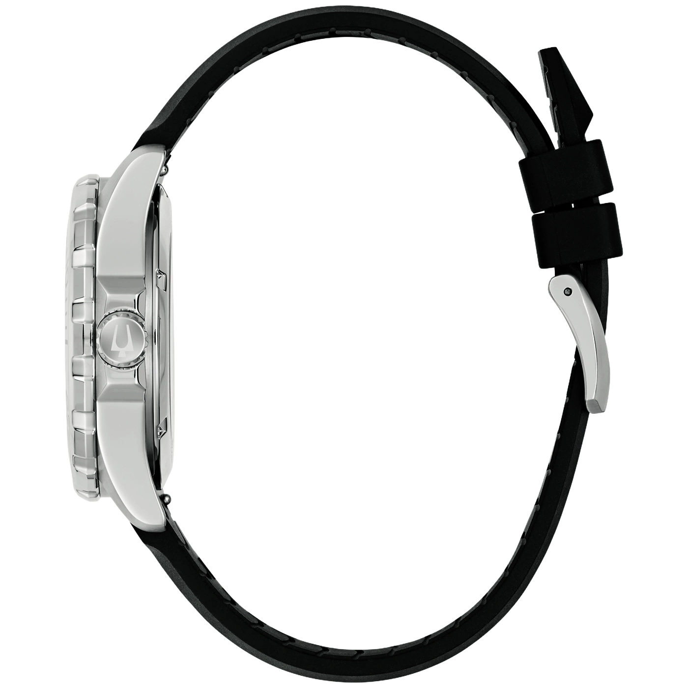 Seitenansicht einer silbernen Armbanduhr mit schwarzem Gummiband.