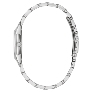 Silberne Uhr mit Armband, Seitenansicht, elegantes Design, glänzend