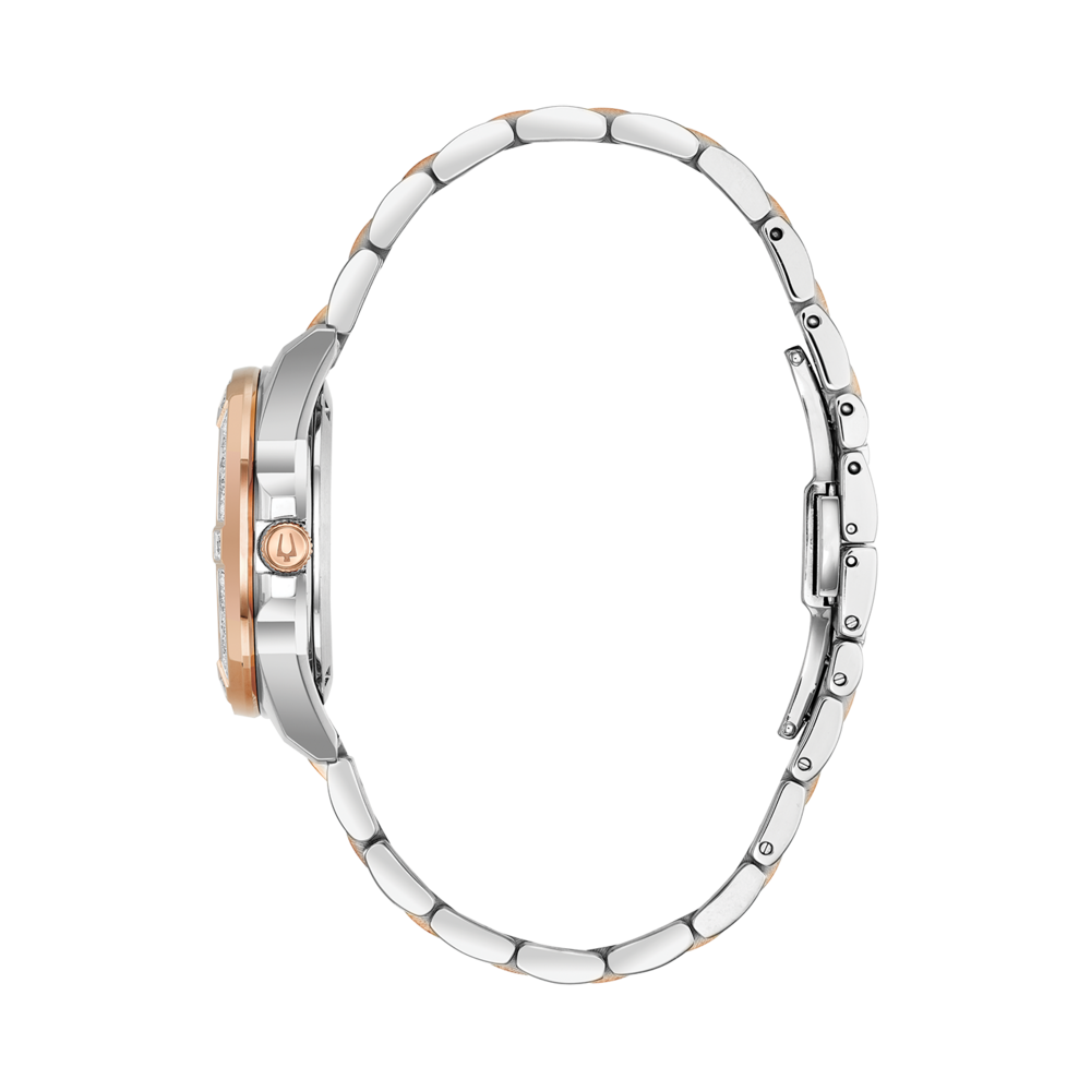 Uhr, silberfarbenes Gehäuse, roségoldfarbene Akzente, Armband, Seitenansicht, Schmuck