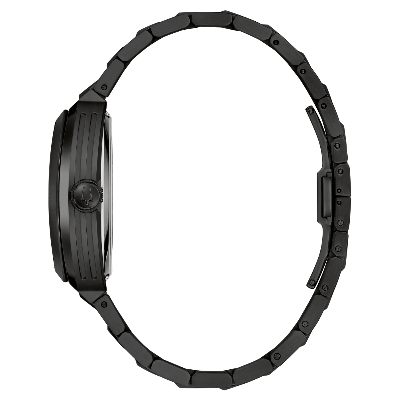 Schwarze Uhr mit Metallarmband, Seitenansicht, elegantes Design, Accessoire, Mode