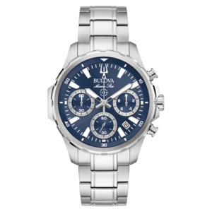 Bulova Marine Star Uhr, blaues Zifferblatt, Edelstahlarmband, Chronograph, 100m wasserdicht.