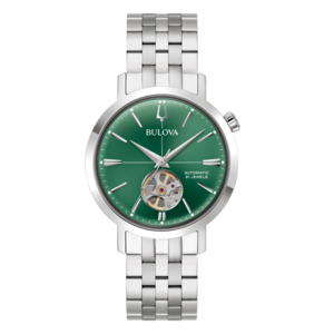Bulova-Uhr mit grünem Zifferblatt und silbernem Armband, Automatik