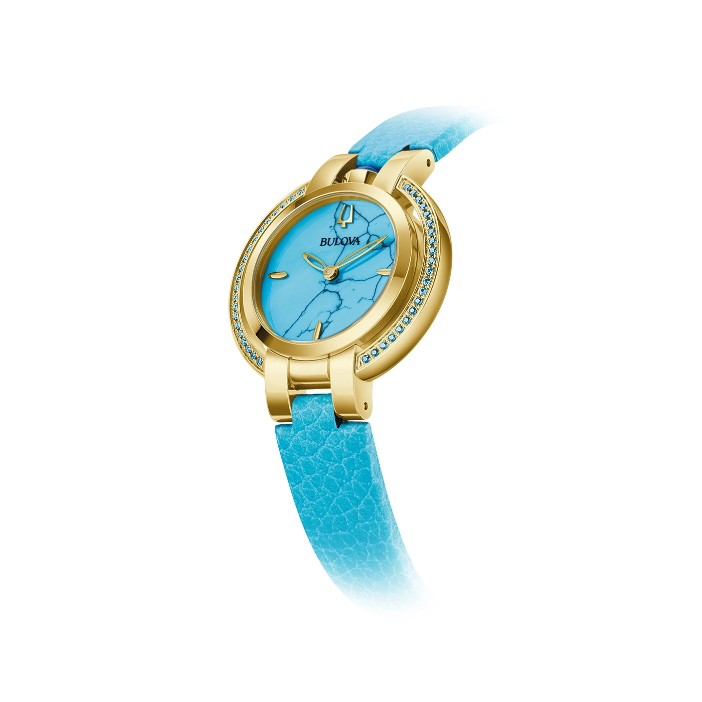 Goldene Damenuhr mit blauem Zifferblatt und Armband, Bulova-Logo.