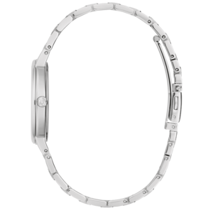 Silberne Damenuhr, Seitenansicht, Armband, rundes Zifferblatt, elegant, modern, Accessoire