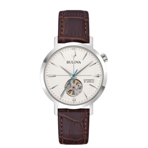 Bulova Herrenuhr mit braunem Lederarmband und weißem Zifferblatt