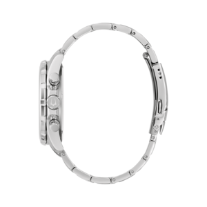 Silberne Uhr mit Armband, Seitenansicht, Detailaufnahme, elegantes Design, Accessoire