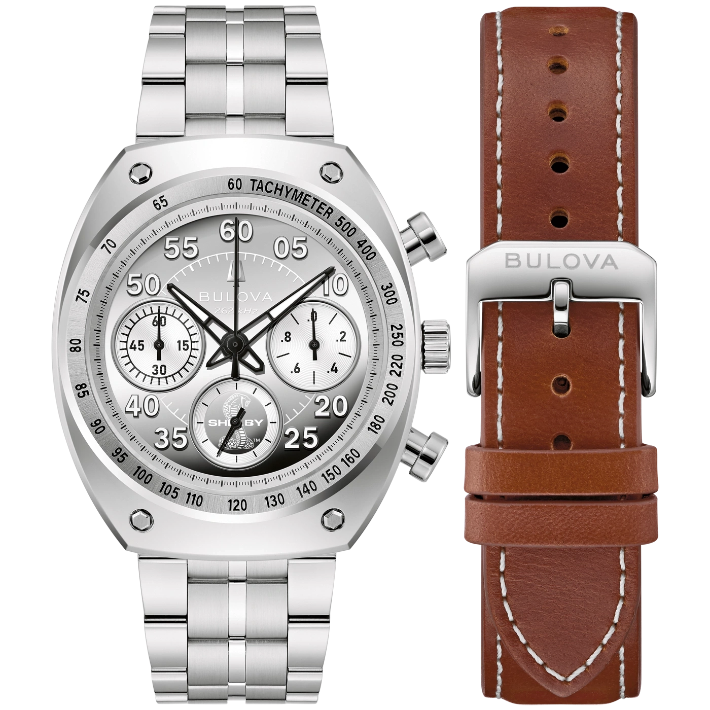 Silbernes Bulova Chronograph-Zifferblatt mit braunem Lederarmband