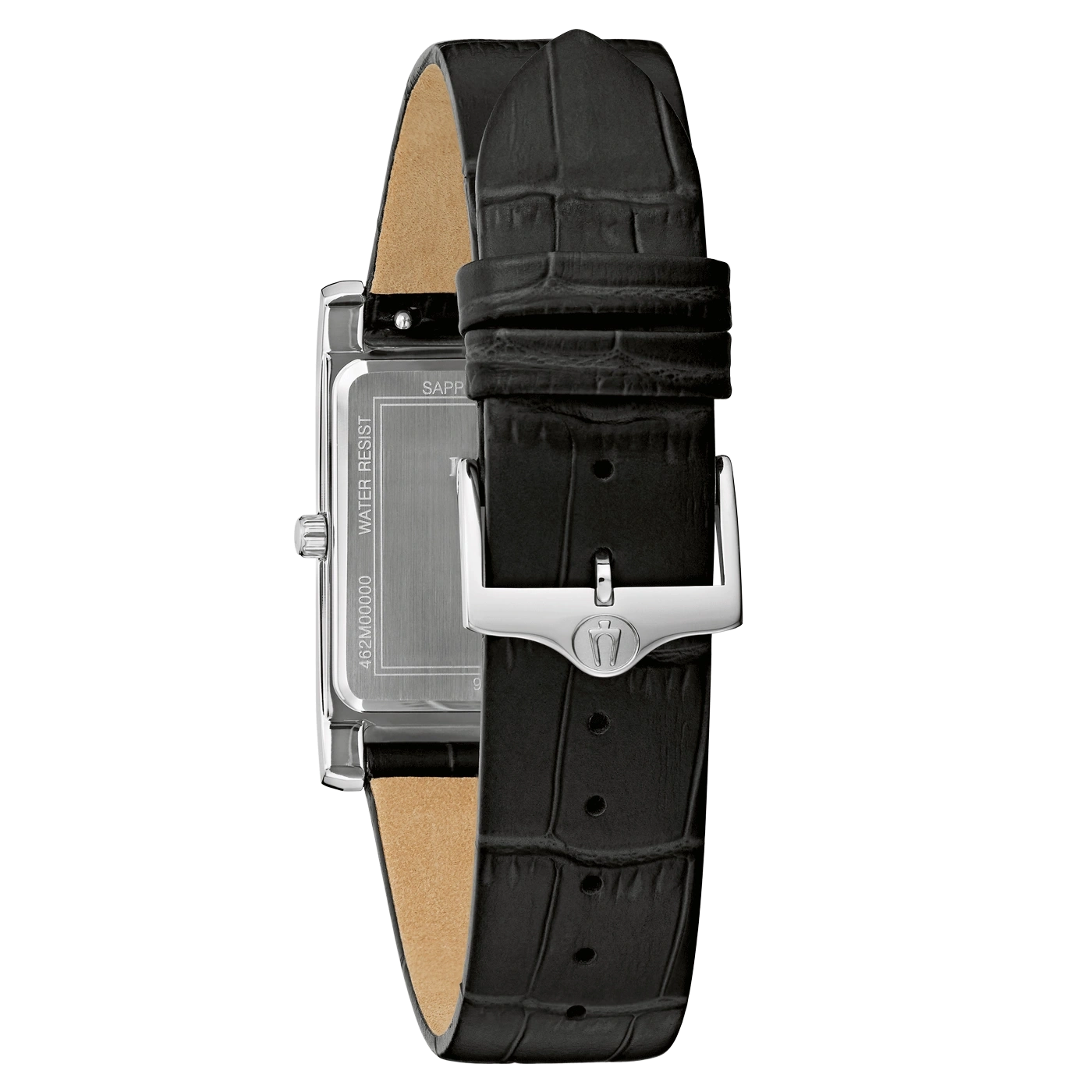 Schwarze Uhr mit Lederarmband und silberner Schnalle, Nahaufnahme.